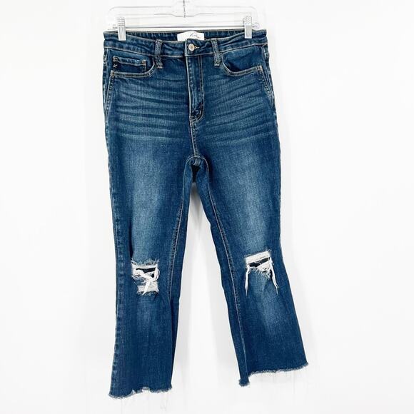 Kancan High Rise Kick Flare Distressed Cropped Jeans Raw Hem CUT - Picture 1 of 7
